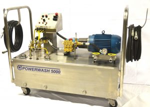 IJ White Ultra Series Powerwash 5000 portable unit featuring CAT pump, liquid filled pressure gauge, water reservoir, two chemical tanks, quick disconnect connections, high-pressure hoses, spray wands and control panel.
