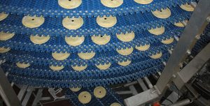 Spiral Cooler with pies placed on a blue plastic conveyor belt