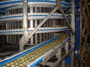 Pet Food Cans on an IJ White Spiral Cooler Belt