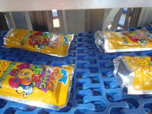 Four Juice Pouches on the Blue Modular Plastic Belt of an IJ White Pouch Processing System