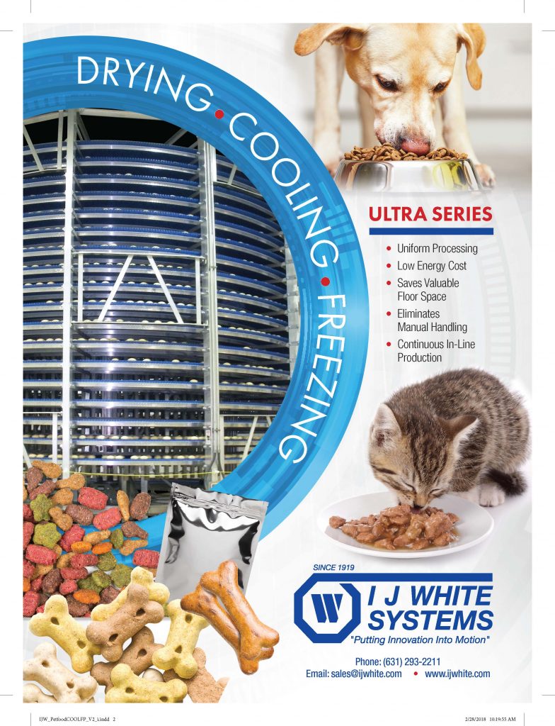 Ultra Series Pet Food Processing System showing pet food treats with a tabby cat and a dog enjoying their meals.