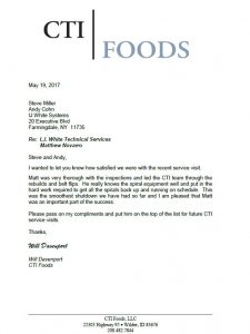 Letter from CTI Foods complimenting I.J. White Technical Service on inspection of Spiral Freezer