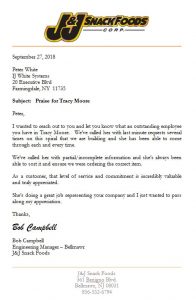 Letter from J&J Snack of Bellmawr New Jersey thanking Tracy Moore of IJ White for outstanding service on Spiral Cooler and Spiral Freezer
