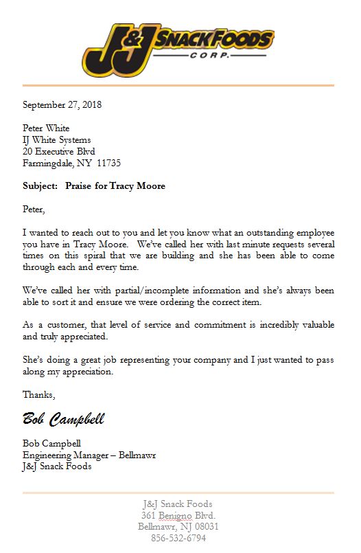 Letter from J&J Snack of Bellmawr New Jersey thanking Tracy Moore of IJ White for outstanding service on Spiral Cooler and Spiral Freezer