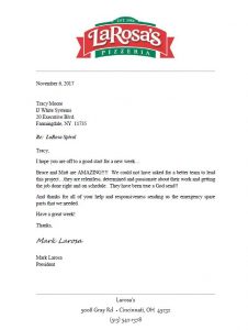 LaRosa's Pizzeria letter thanking I.J. White Technical Service for support on Spiral Systems at Ohio food factory.