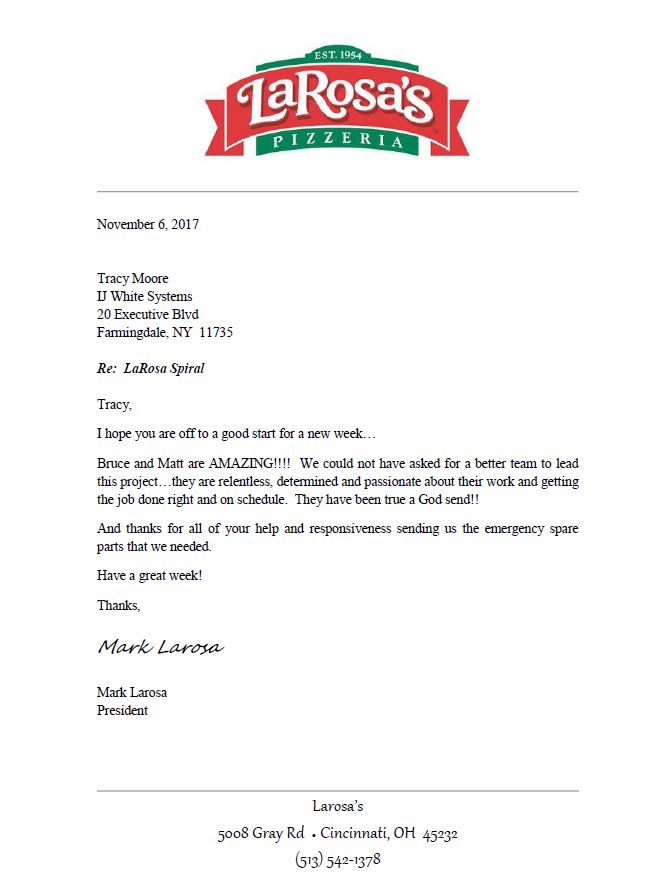 LaRosa's Pizzeria letter thanking I.J. White Technical Service for support on Spiral Systems at Ohio food factory.