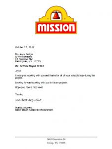 Letter to I.J.White from Mission Foods thanking IJ White for support on Ambient Spiral Cooler project in Grand Prairie Texas