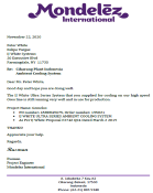 Mondelez International letter to IJ White that Ultra Series Cooler is running well.