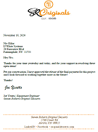 Steven Roberts Original Desserts thank you letter regarding Ultra Series Spiral Coolers